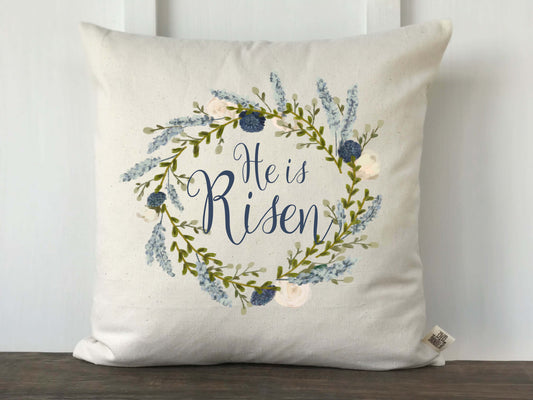 He is Risen Blue Watercolor Floral Wreath Pillow Cover - Returning Grace Designs