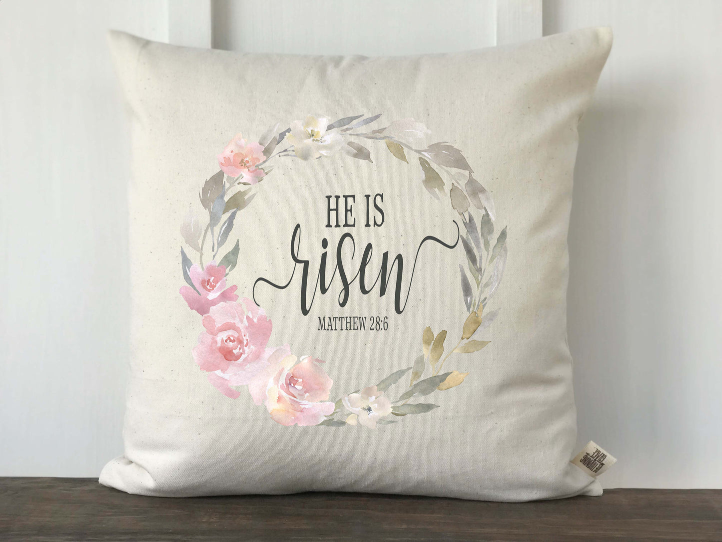 He Is Risen Matthew 28:6 Pink and Gray Wreath Pillow Cover - Returning Grace Designs