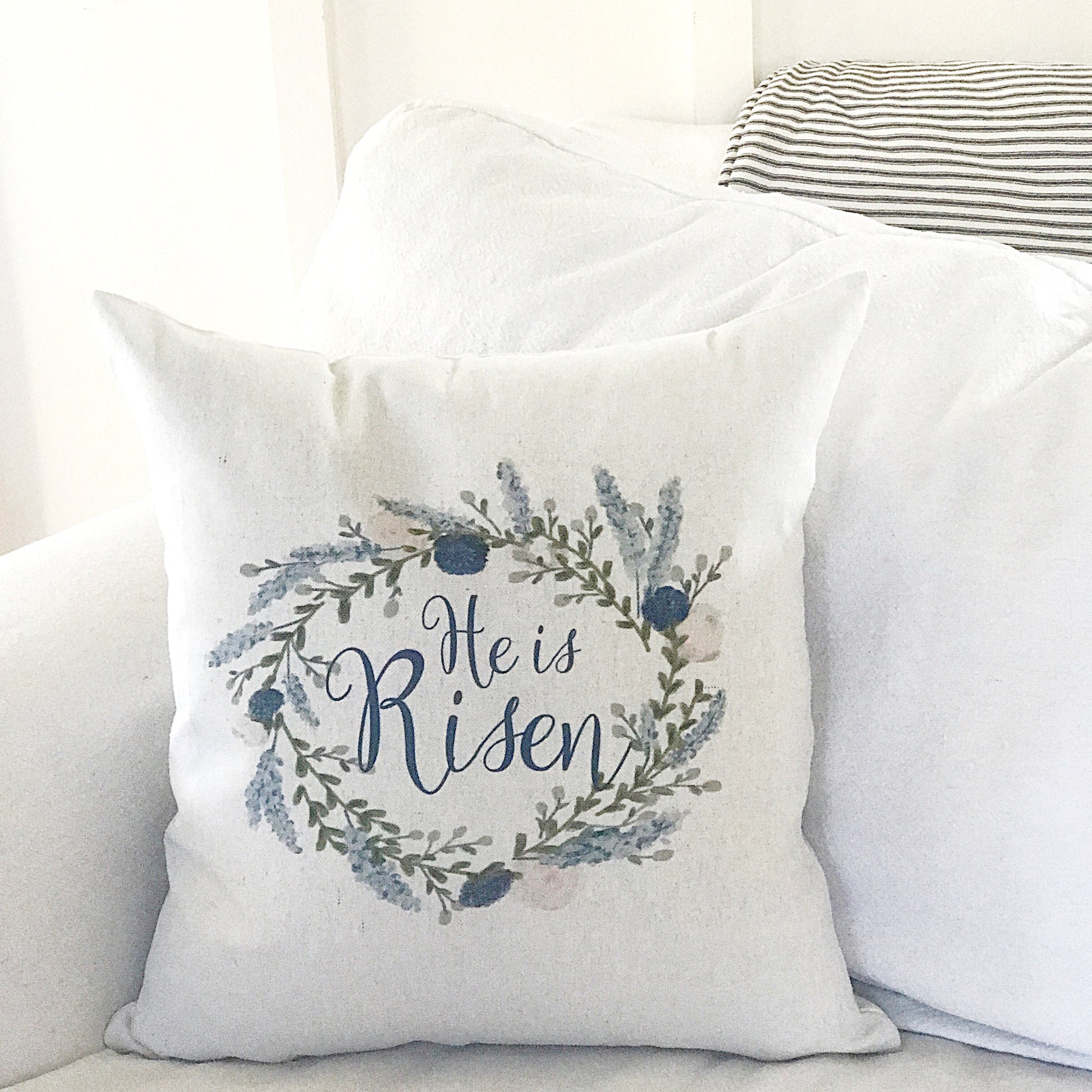 He is Risen Blue Watercolor Floral Wreath Pillow Cover - Returning Grace Designs