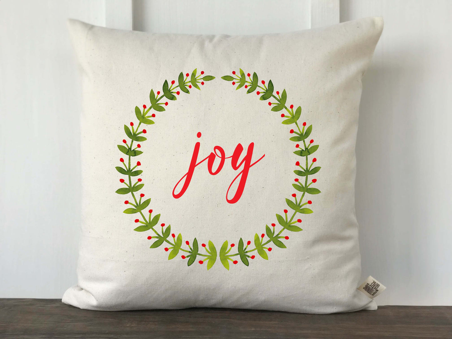 Joy Watercolor Laurel Wreath Christmas Pillow - Returning Grace Designs