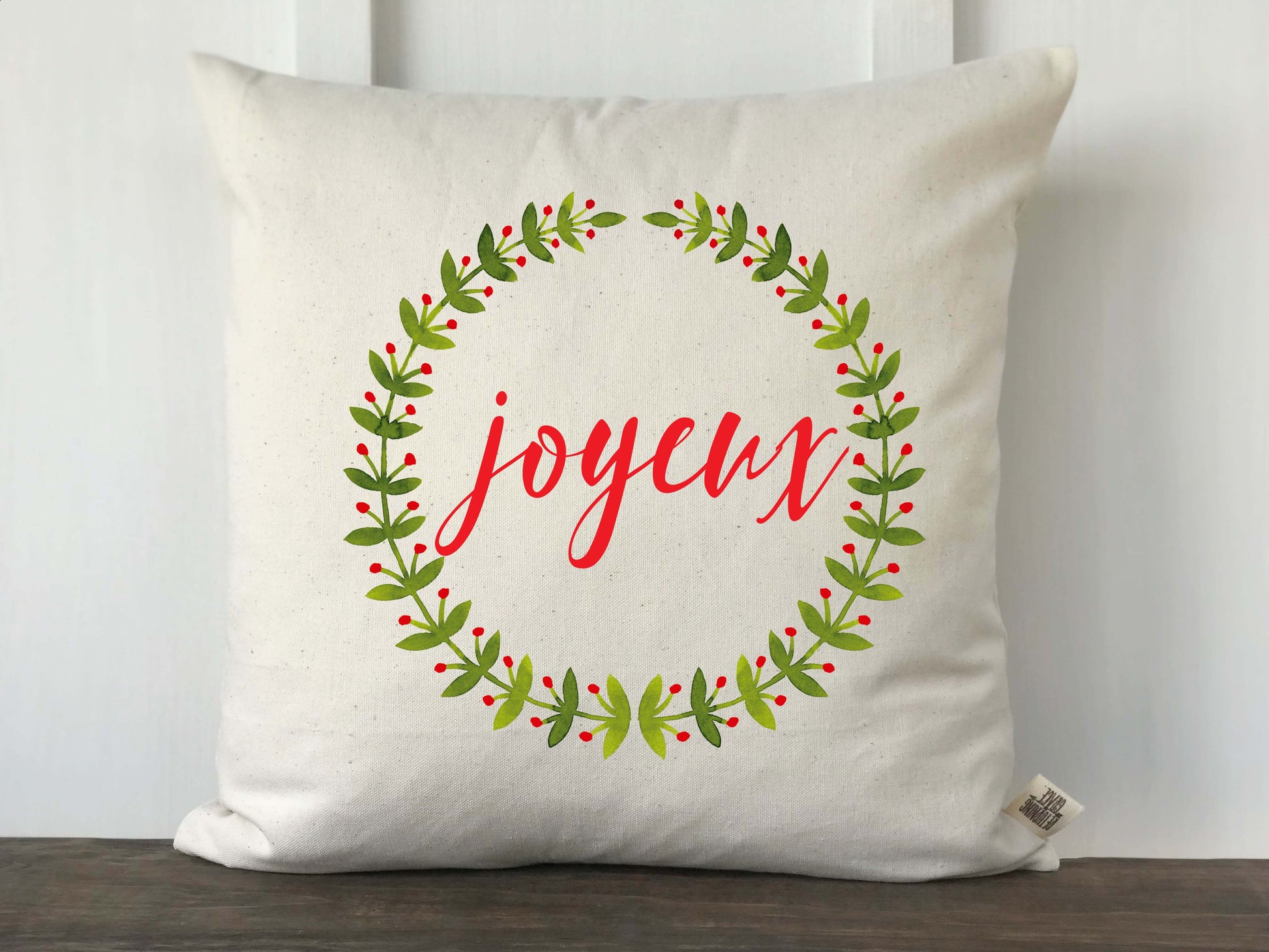 Joyeux Watercolor Laurel Wreath Christmas Pillow - Returning Grace Designs