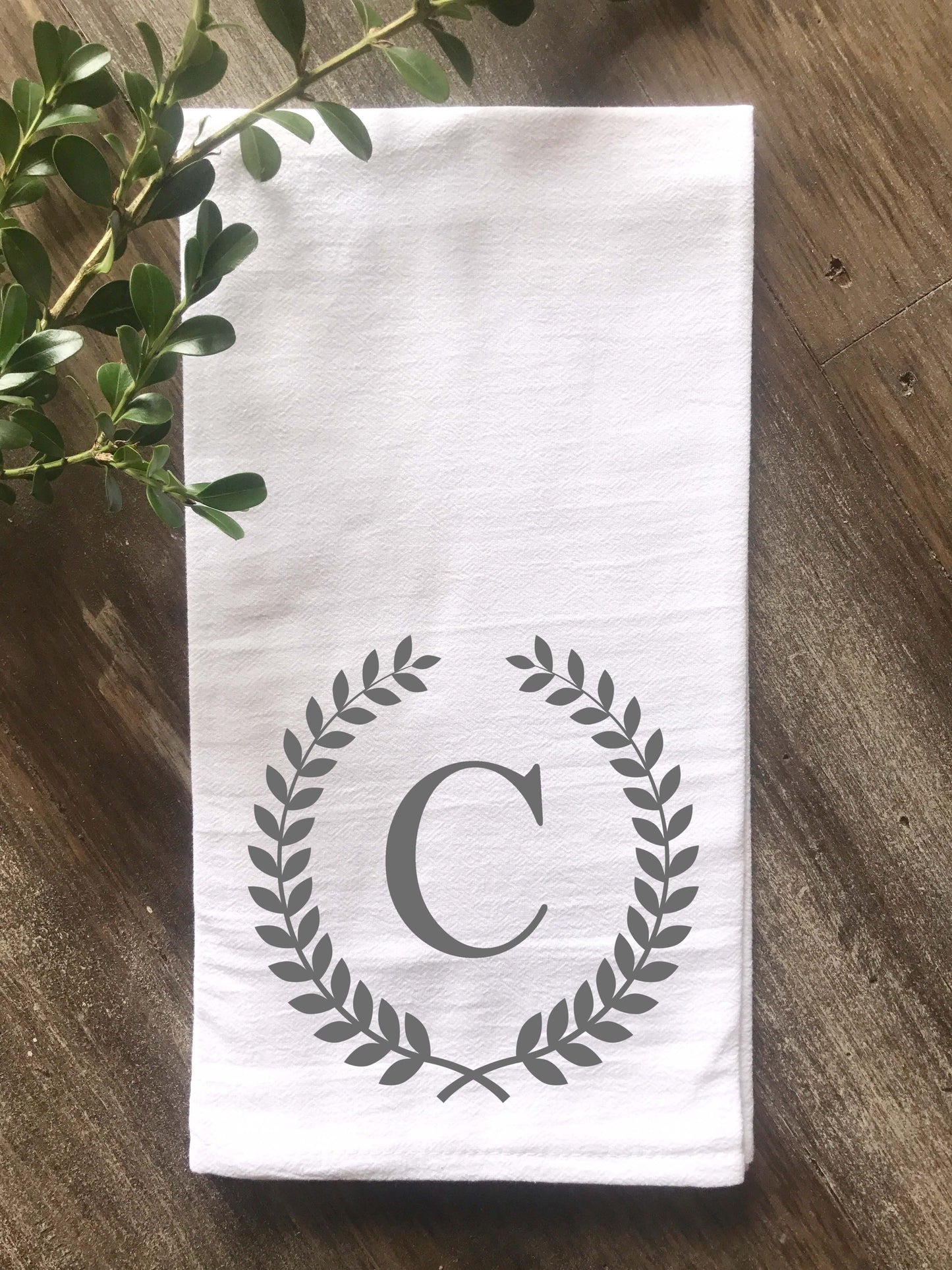 Laurel Wreath Monogram Flour Sack Tea Towel - Initial Only - Returning Grace Designs