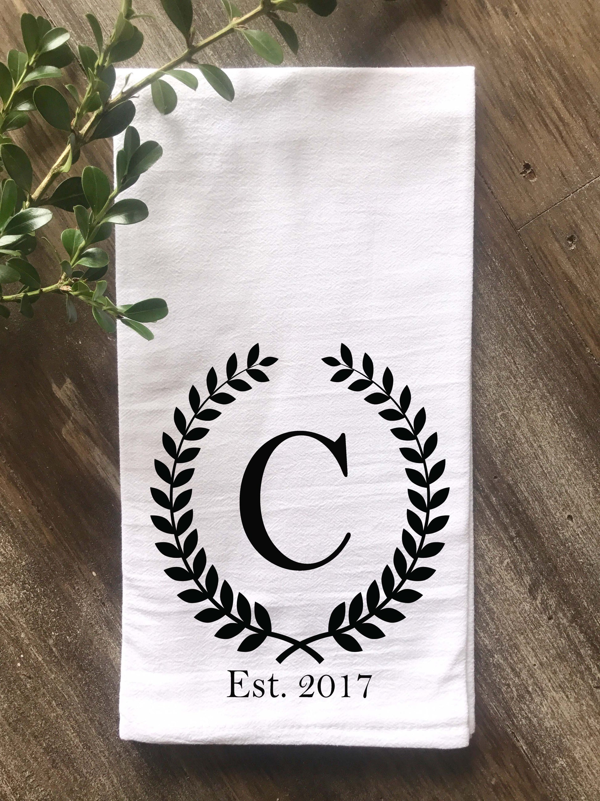 Laurel Wreath Monogram Flour Sack Tea Towel with Initial and Year Established - Returning Grace Designs