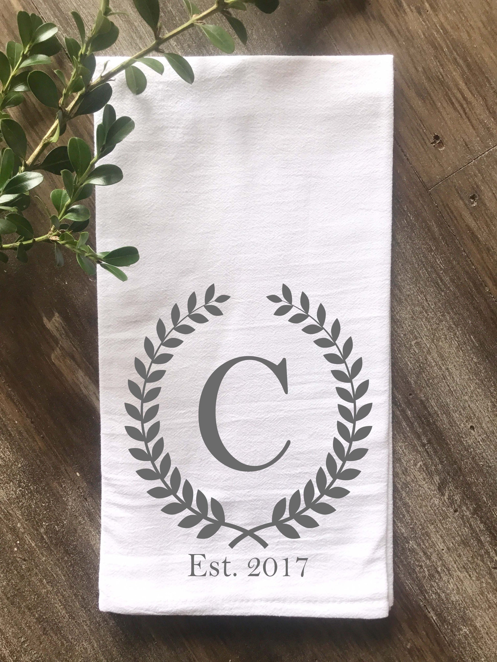 Laurel Wreath Monogram Flour Sack Tea Towel with Initial and Year Established - Returning Grace Designs