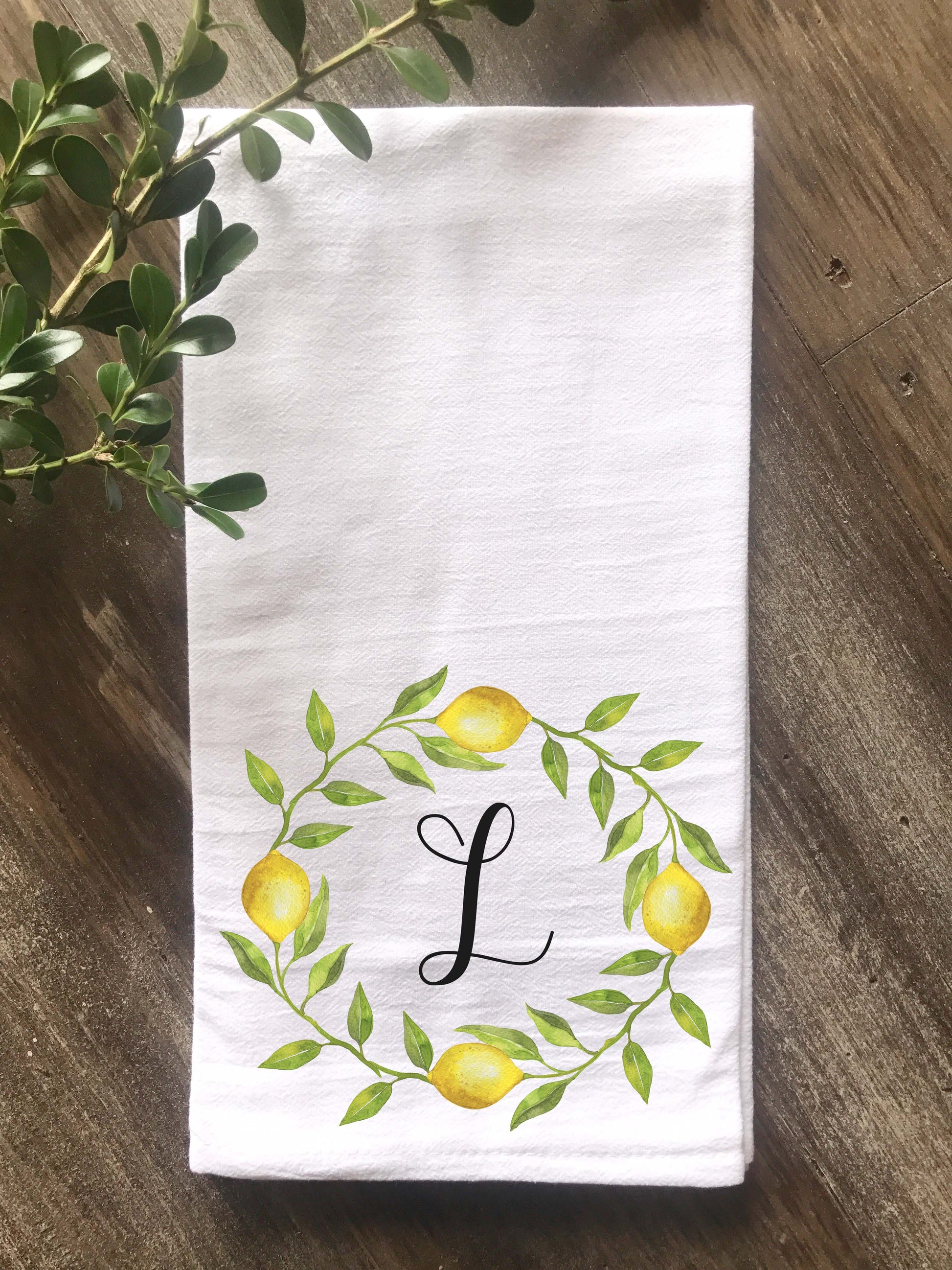 Lemon Wreath Initial Floursack Tea Towel - Returning Grace Designs