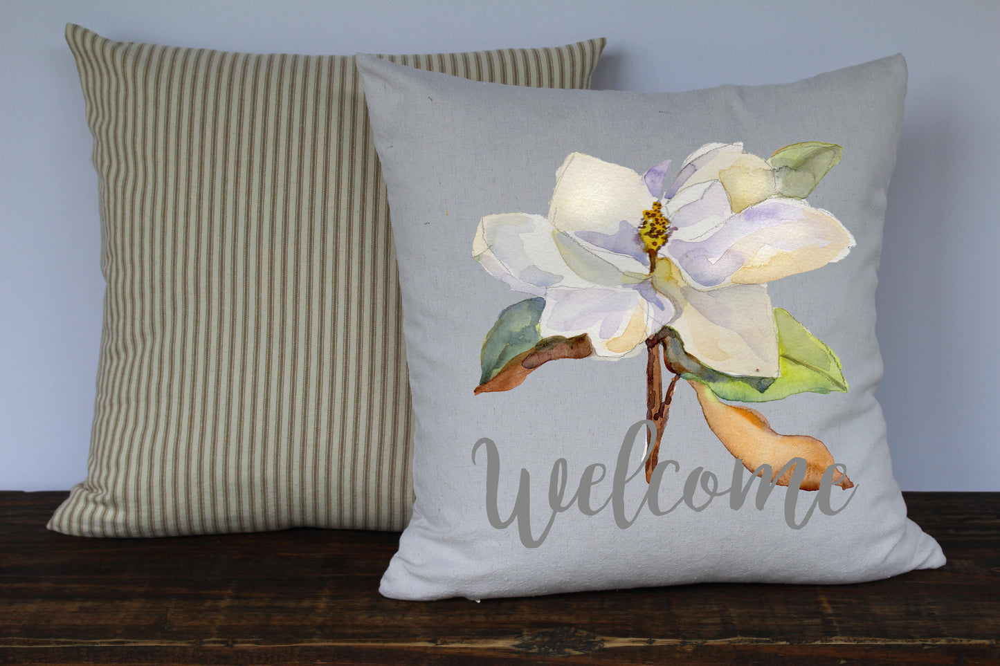 Magnolia Watercolor Welcome Canvas Pillow Cover - Returning Grace Designs