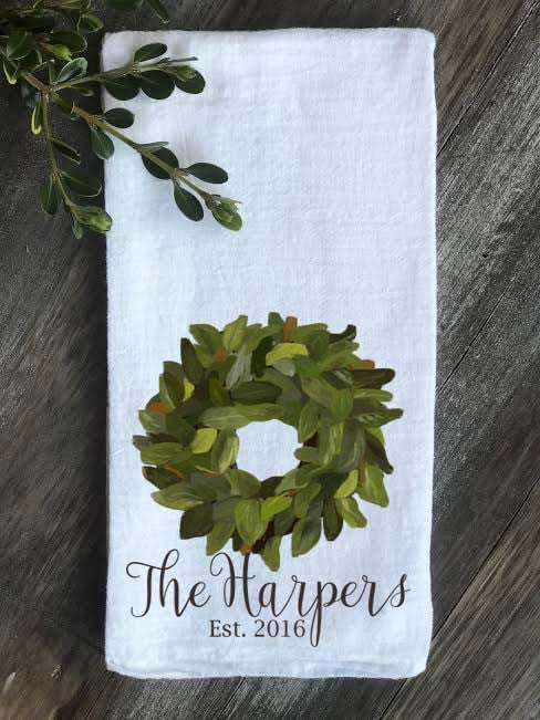 Magnolia Wreath Personalized Last Name and Est Date Flour Sack Towel - Returning Grace Designs