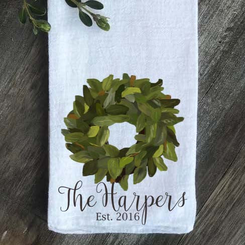 Magnolia Wreath Personalized Last Name and Est Date Flour Sack Towel - Returning Grace Designs