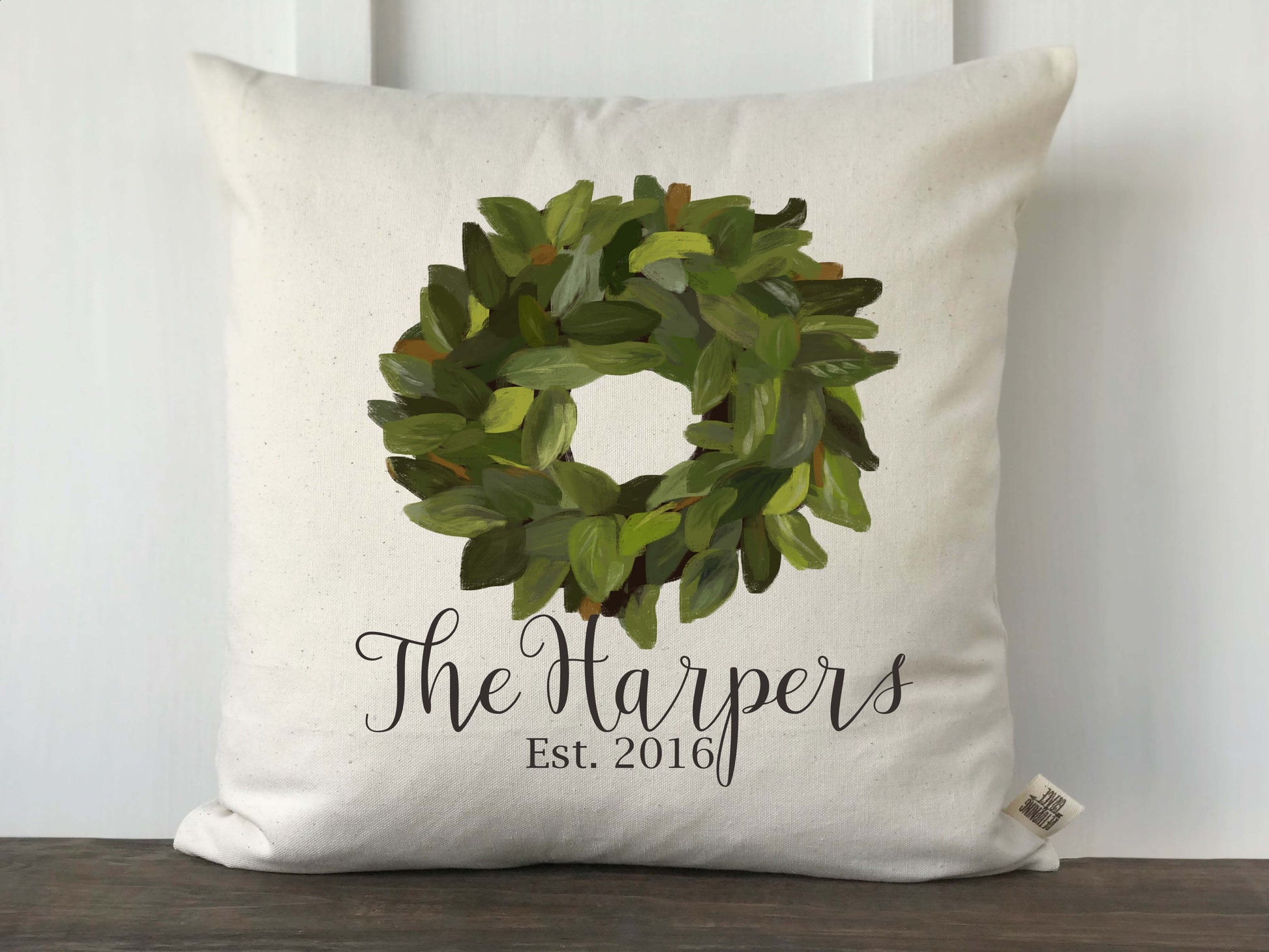 Magnolia Wreath Pillow Cover with Personalized Name and Year - Returning Grace Designs