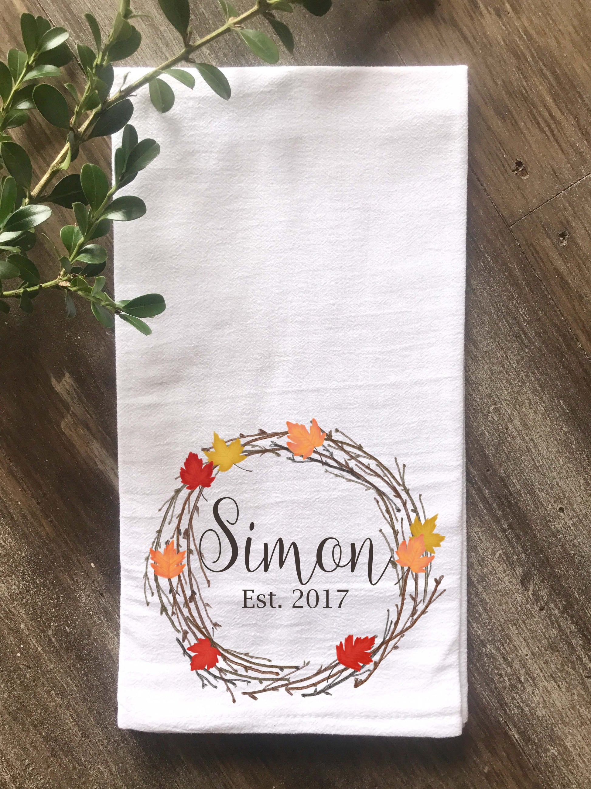 Personalized Fall Maple Leaf Wreath Flour Sack/Tea Towel - Returning Grace Designs