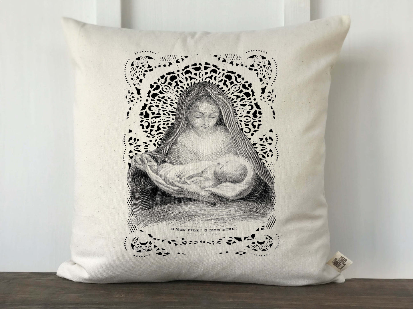 Mary and Jesus Vintage French Prayer Card Christmas Pillow Cover - Returning Grace Designs