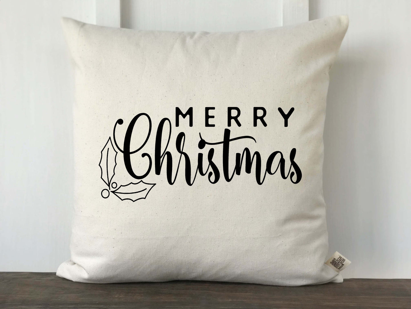 Merry Christmas Holly Branch Pillow Cover