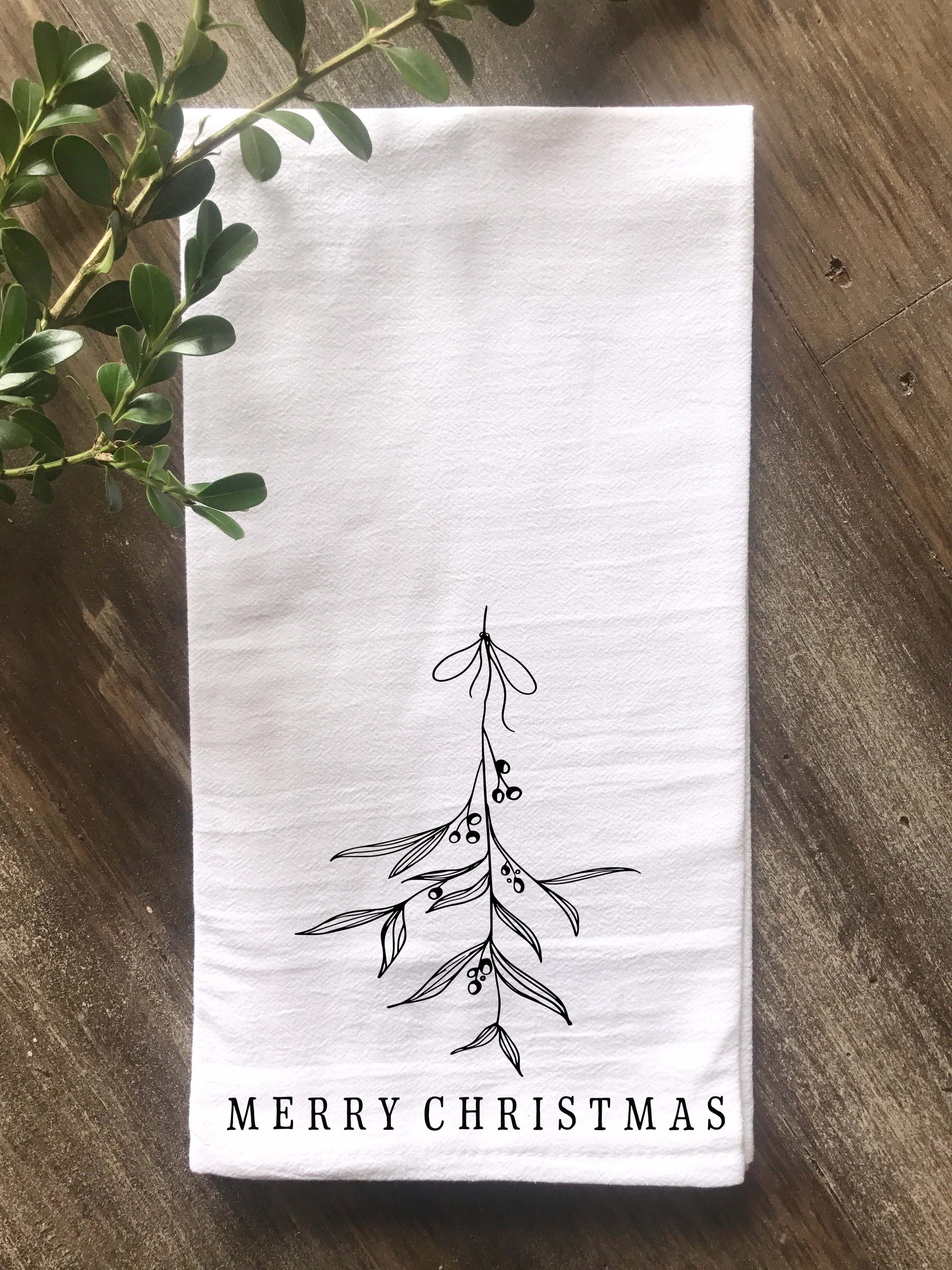 Merry Christmas Hand drawn Mistletoe Flour Sack Tea Towel - Returning Grace Designs
