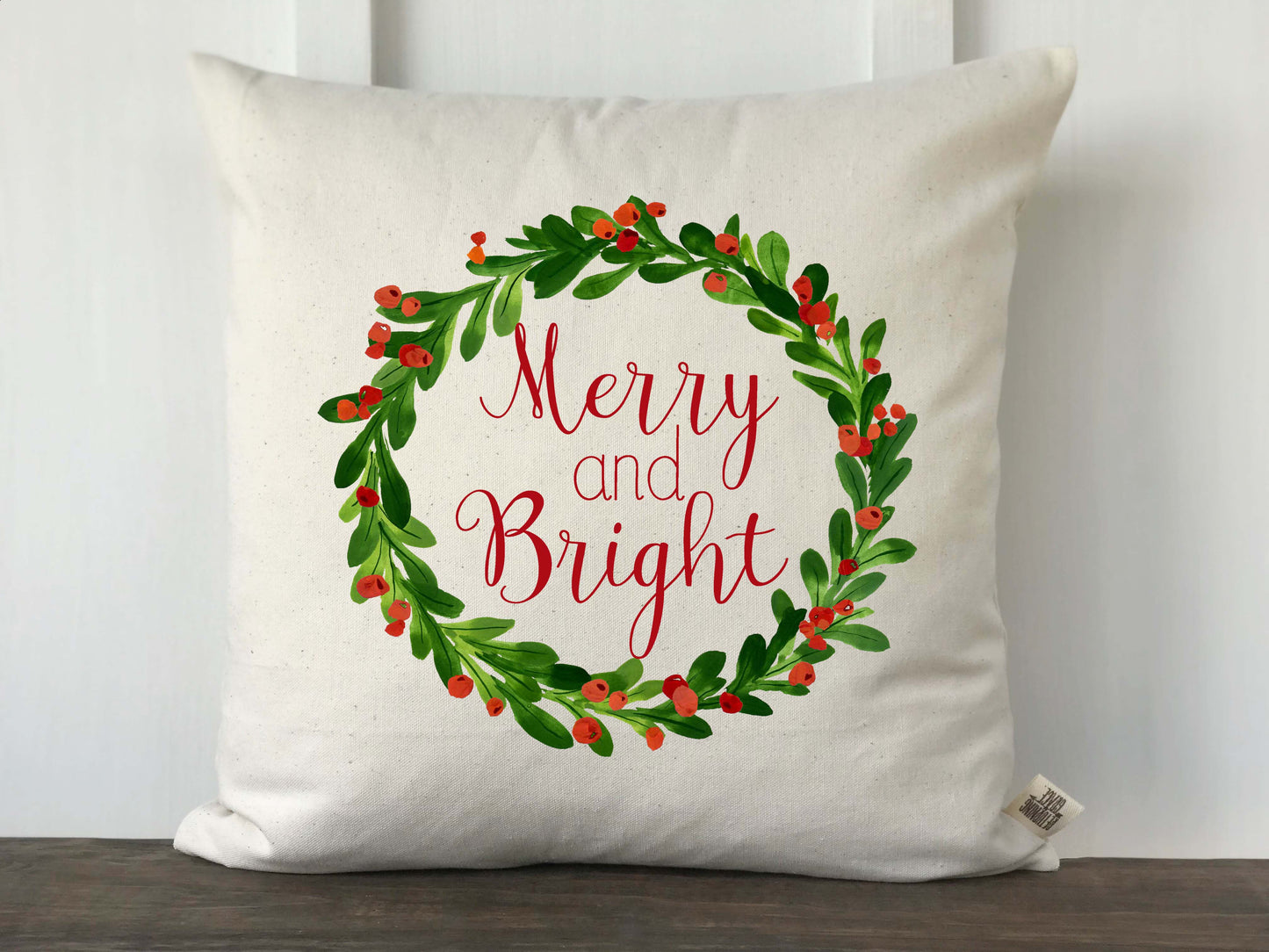Merry and Bright Watercolor Holly Wreath Farmhouse Pillow Cover - Returning Grace Designs