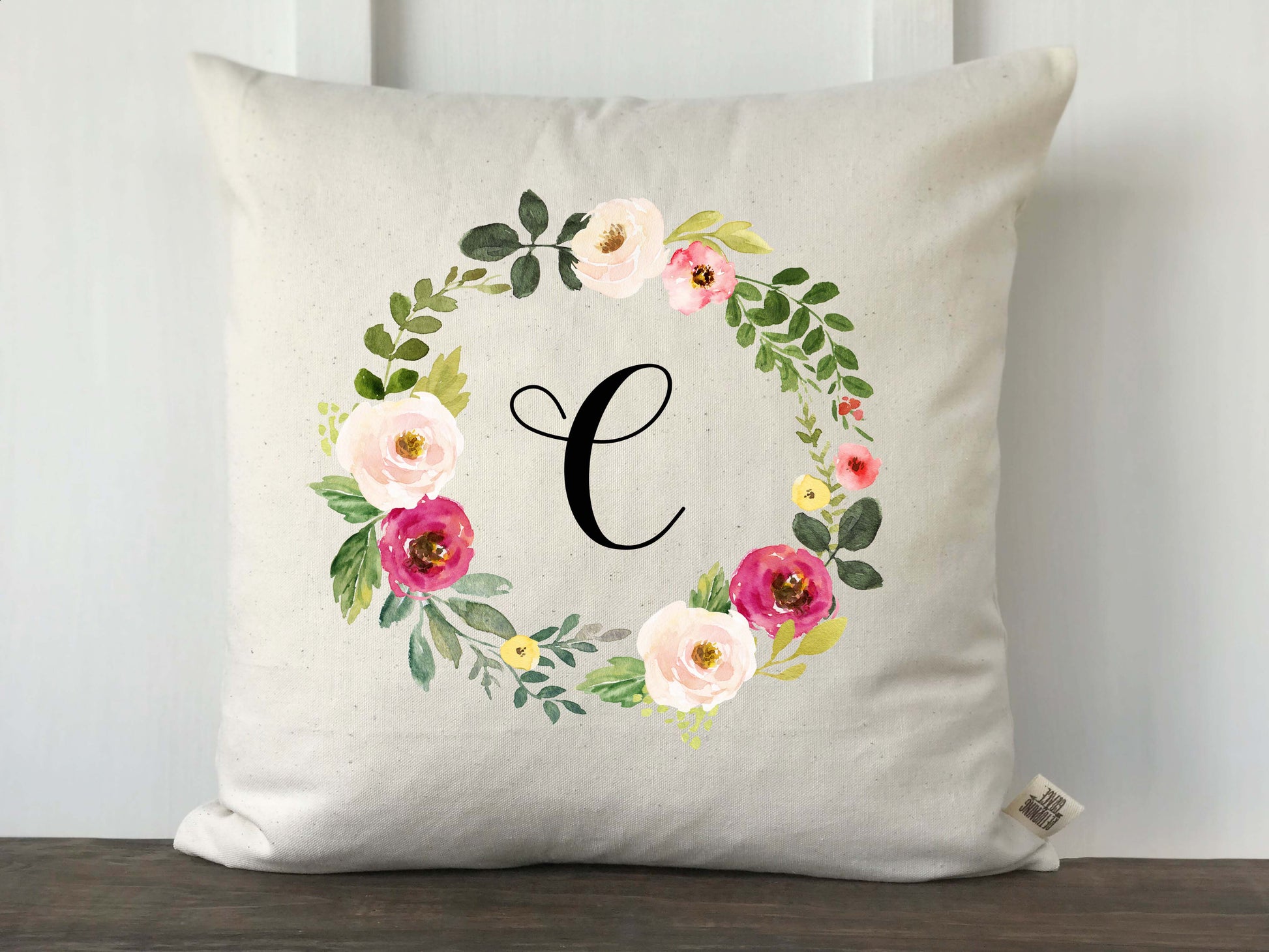 Pink Watercolor Wreath Monogrammed Pillow Cover - Returning Grace Designs