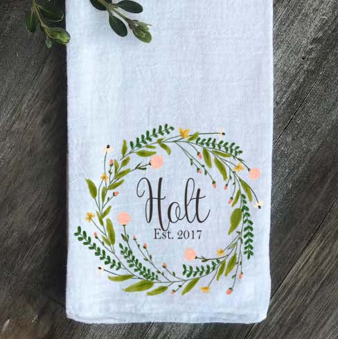 Pink Watercolor Floral Wreath Personalized Tea Towel - Returning Grace Designs