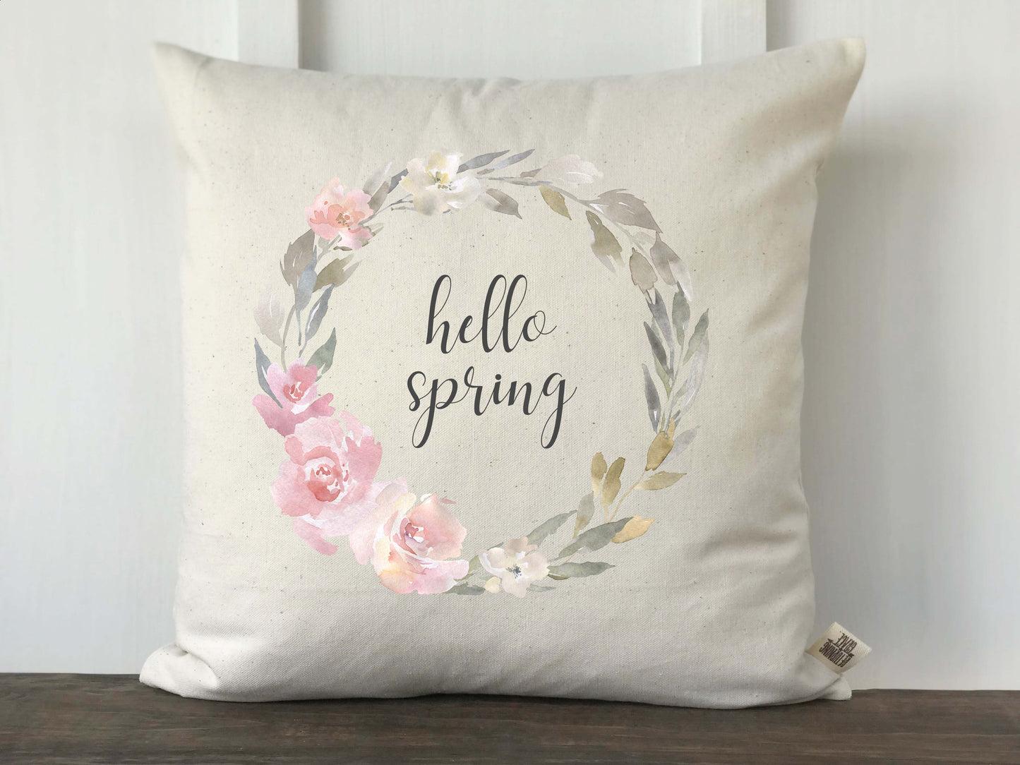Hello Spring Pink and Gray Wreath Pillow Cover - Returning Grace Designs