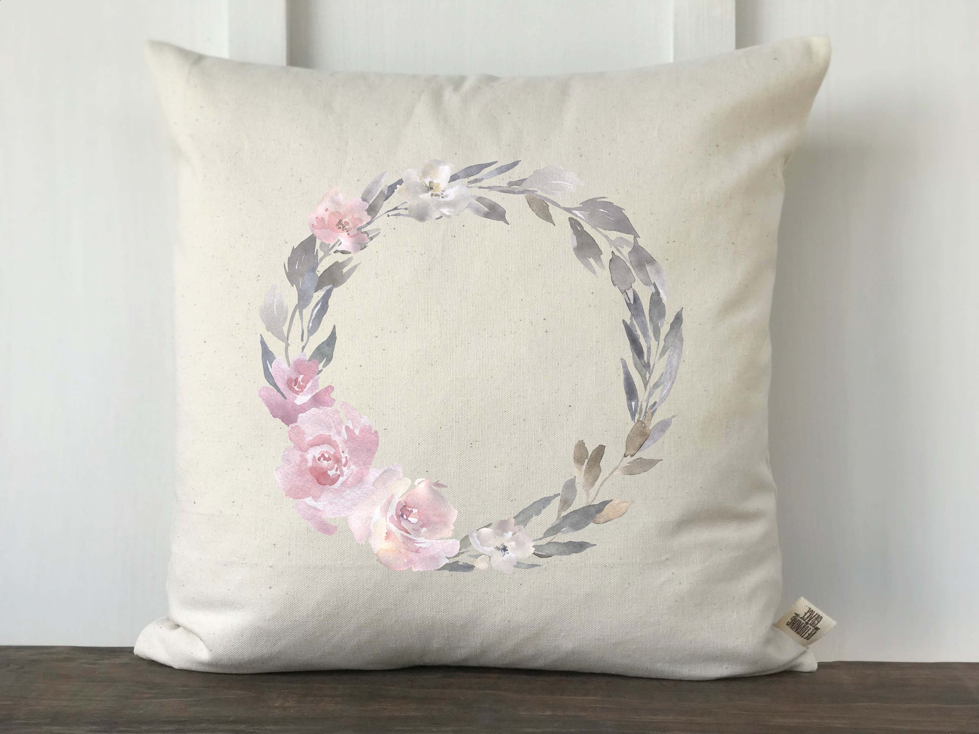 Pink and Gray Watercolor Floral Wreath Pillow Cover - Returning Grace Designs