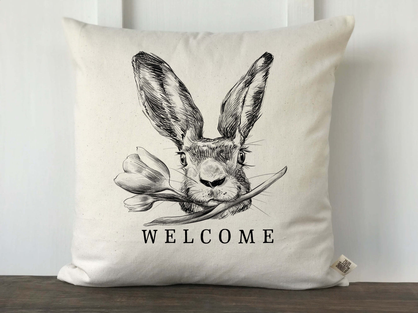Hand Drawn Rabbit Face with Flower Welcome Pillow Cover - Returning Grace Designs
