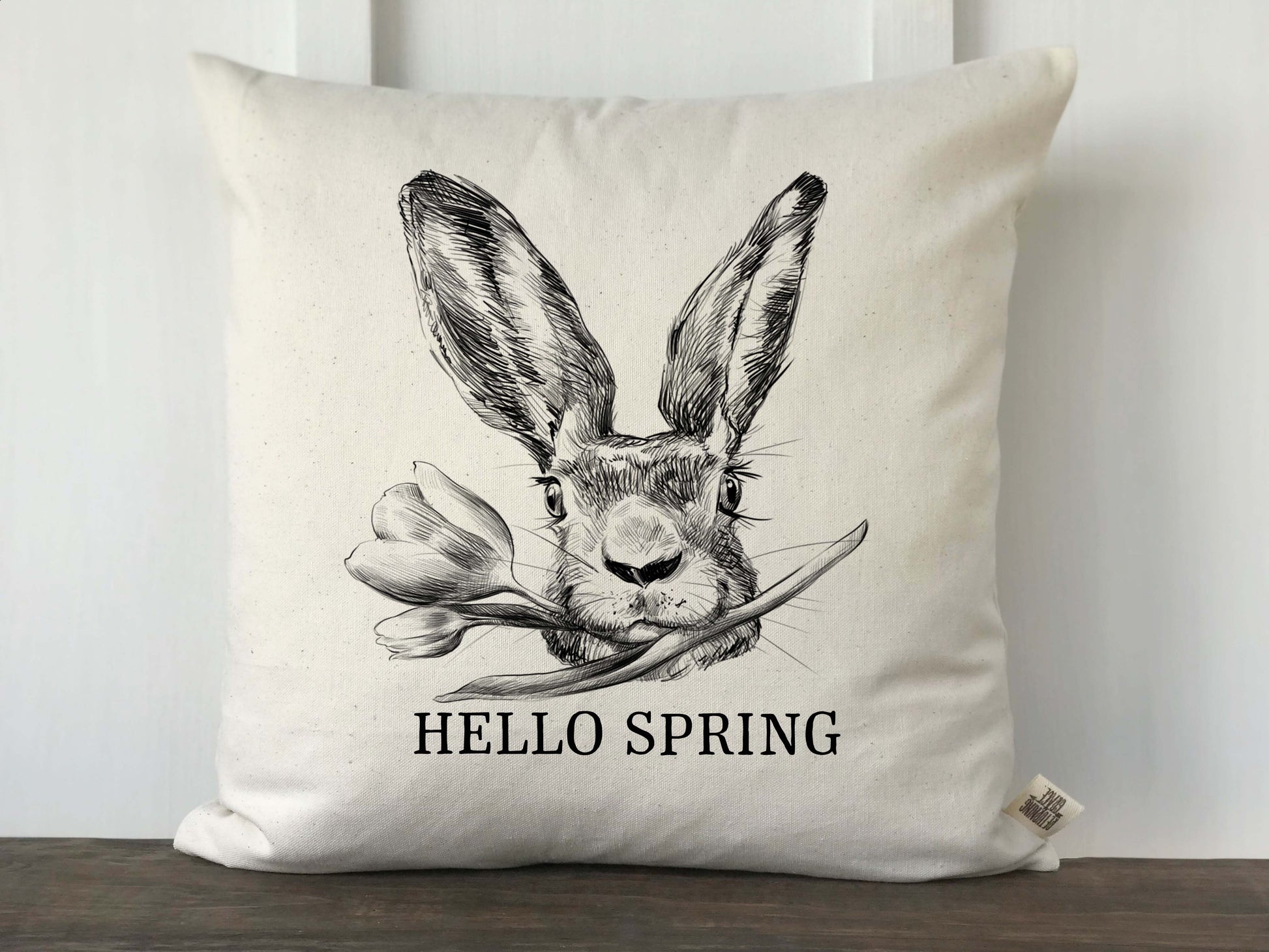 Hand Drawn Rabbit Face with Flower Hello Spring Pillow Cover - Returning Grace Designs