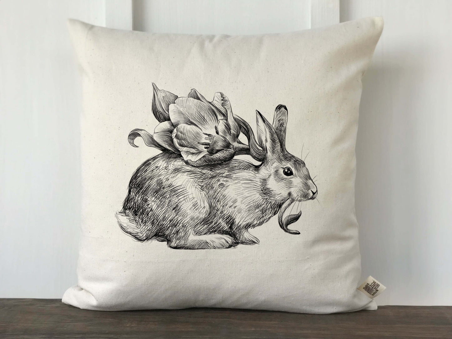 Hand Drawn Rabbit with Flower Pillow Cover - Returning Grace Designs