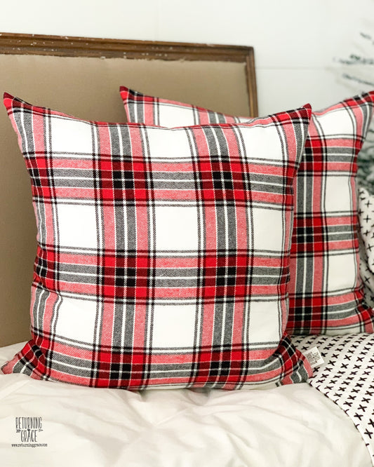 Red, White and Black Plaid Flannel Pillow Cover