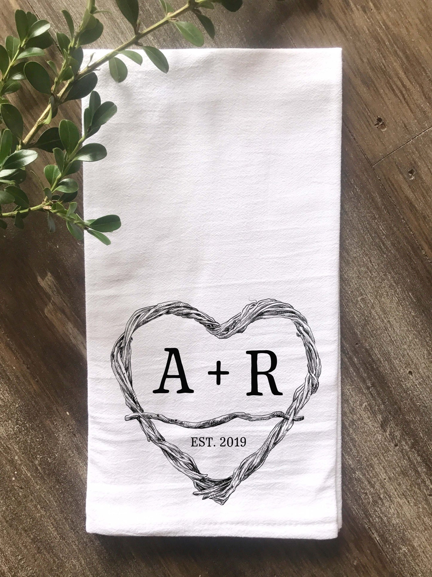 Twig Heart with Initials Flour Sack Tea Towel - Returning Grace Designs