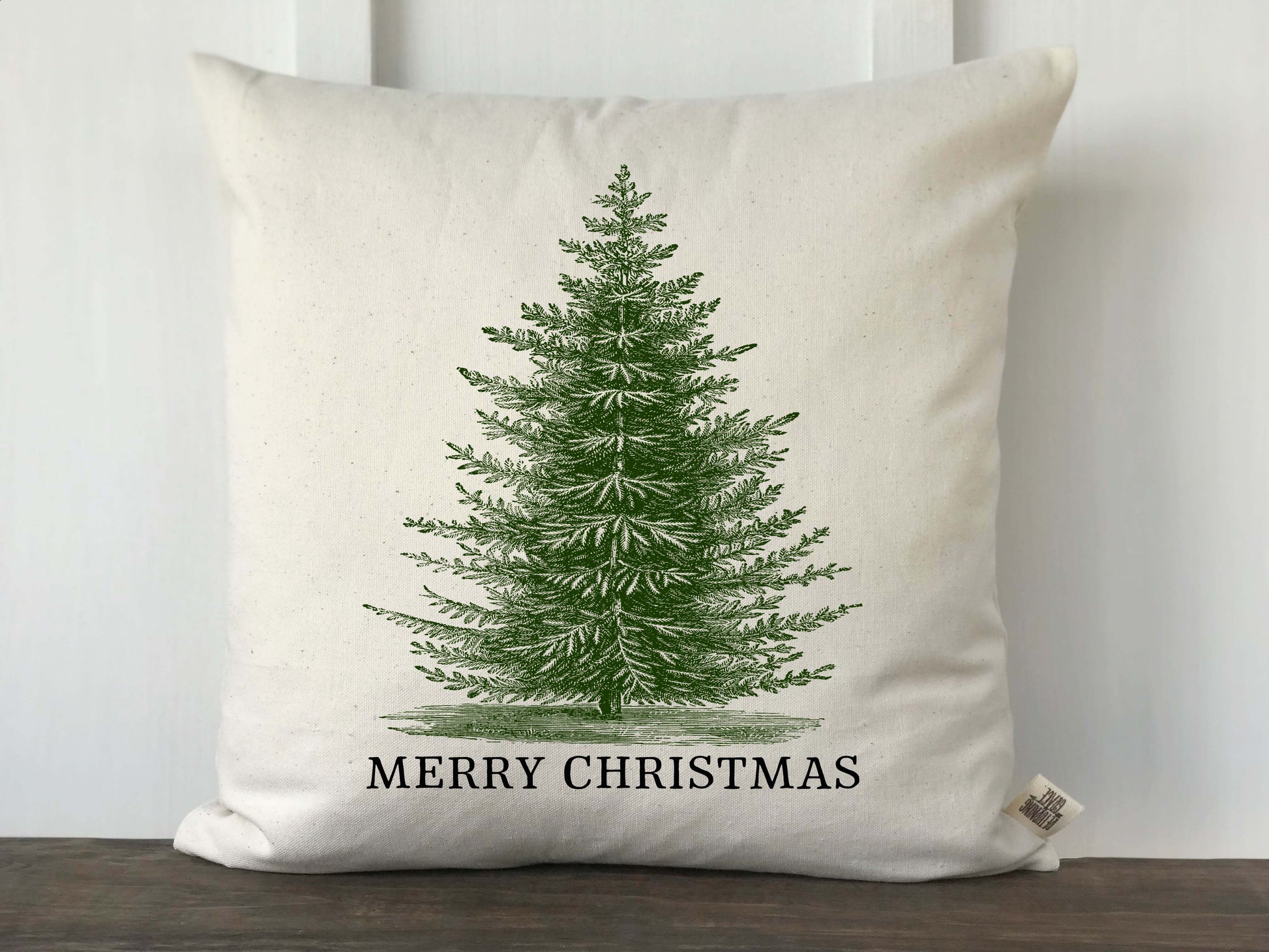 Vintage Christmas Tree Merry Christmas Pillow Cover - Green and Black - Returning Grace Designs