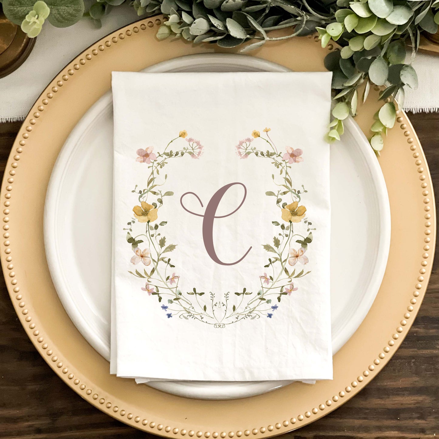 Wildflower Pink and Yellow Open Wreath Napkins - Black or Dusty Rose Font