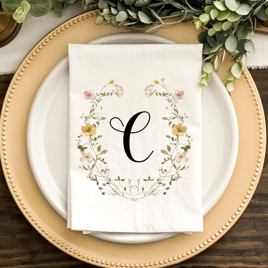Wildflower Pink and Yellow Open Wreath Napkins - Black or Dusty Rose Font