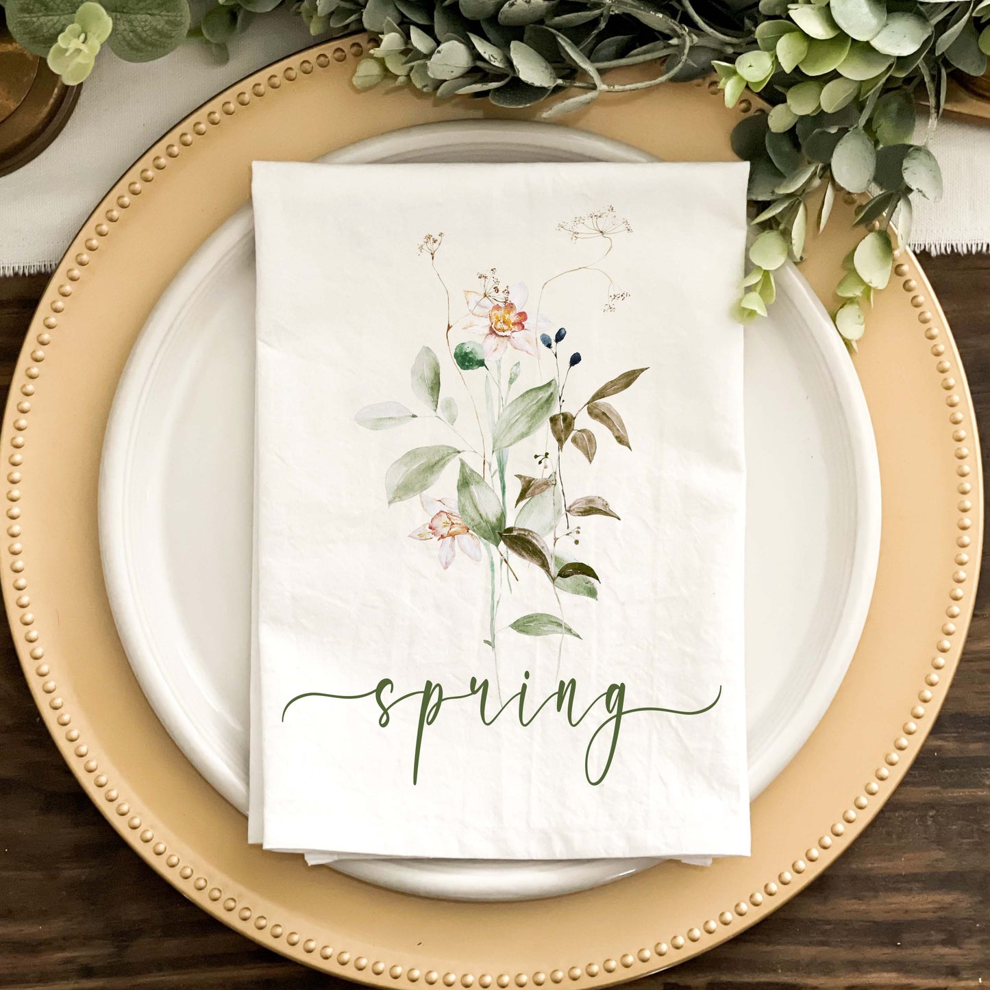 Watercolor Wild Flower Spring Bouquet with Spring in Green Script Napkins