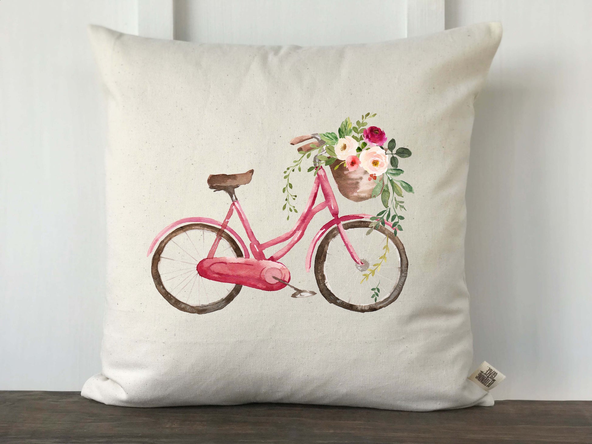 Watercolor Bicycle with Flower Basket Pillow Cover - Returning Grace Designs