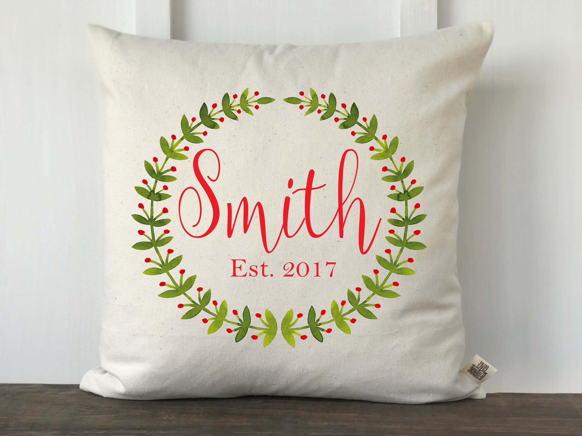 Christmas Watercolor Laurel Wreath Personalized Farmhouse Pillow Cover - Returning Grace Designs