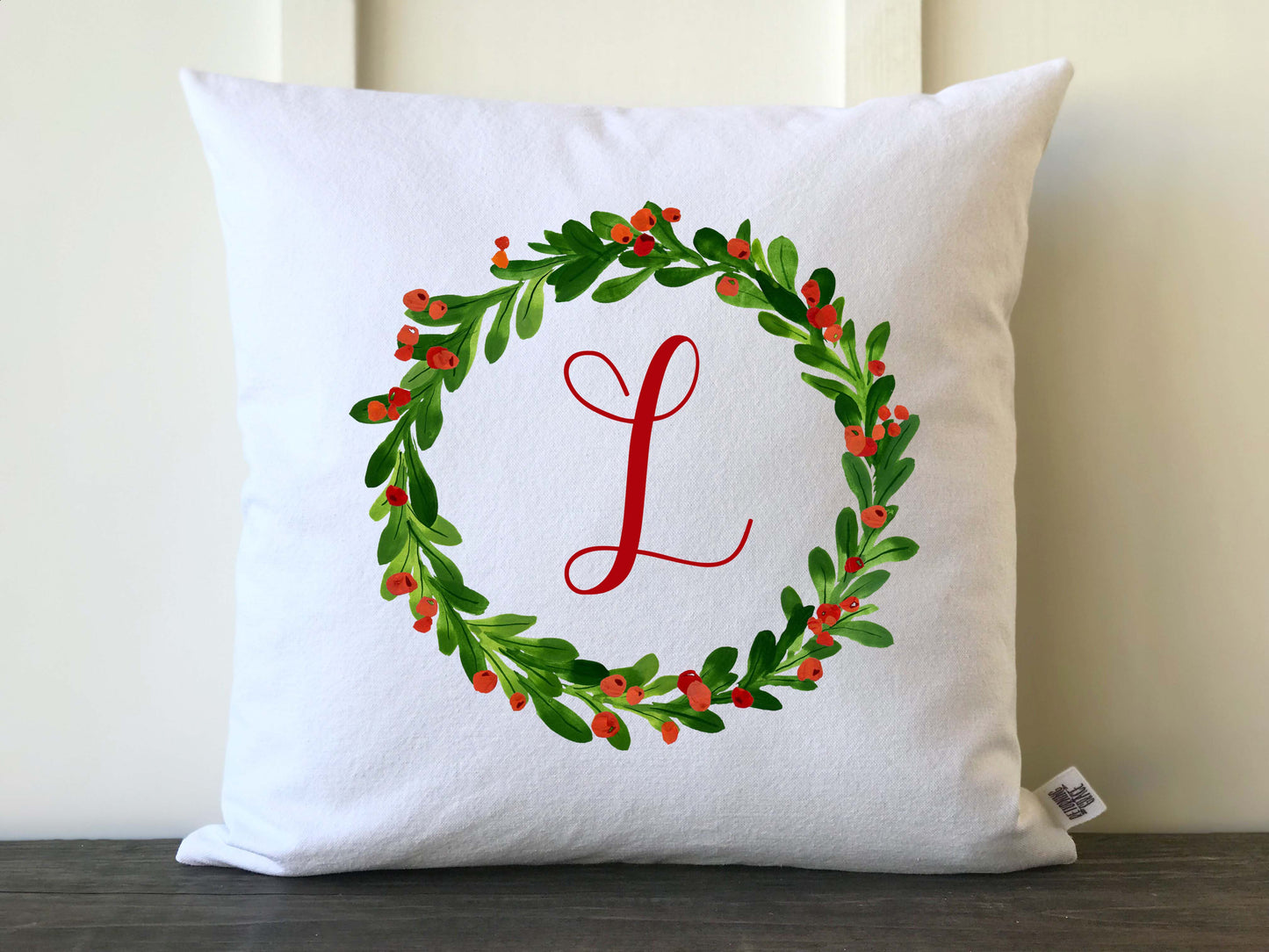 Christmas Holly Wreath Personalized Farmhouse Pillow Cover - Returning Grace Designs