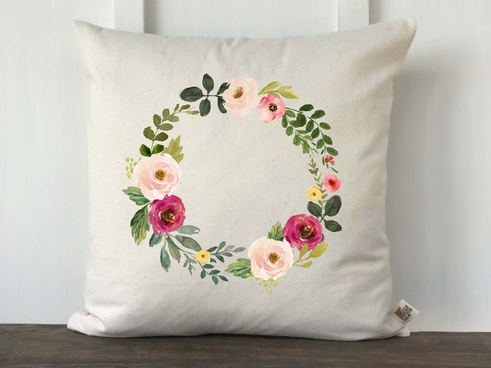 Watercolor Pink Floral Wreath Pillow Cover - Returning Grace Designs