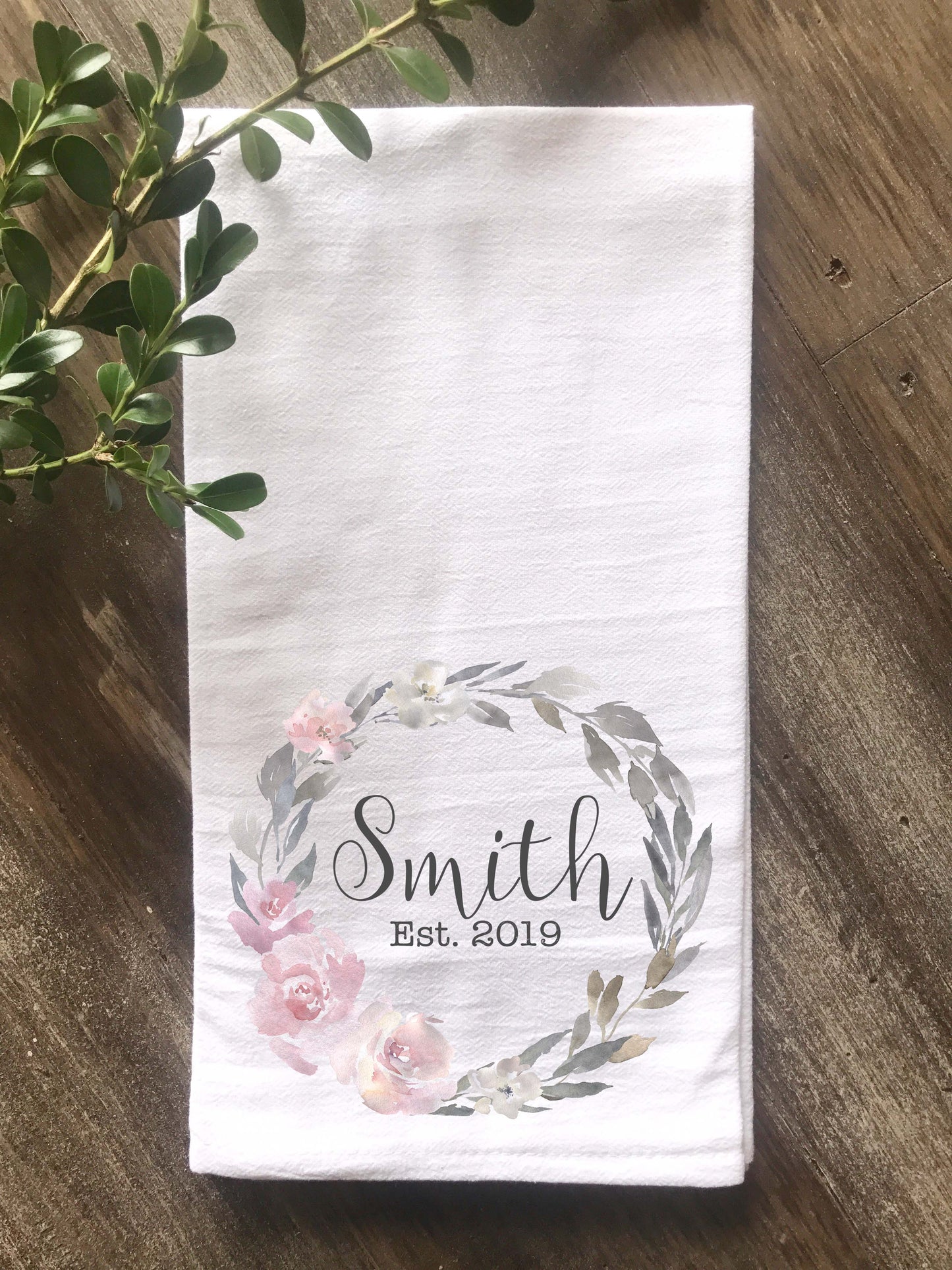Watercolor Pink and Gray Wreath Personalized Flour Sack Towel - Returning Grace Designs