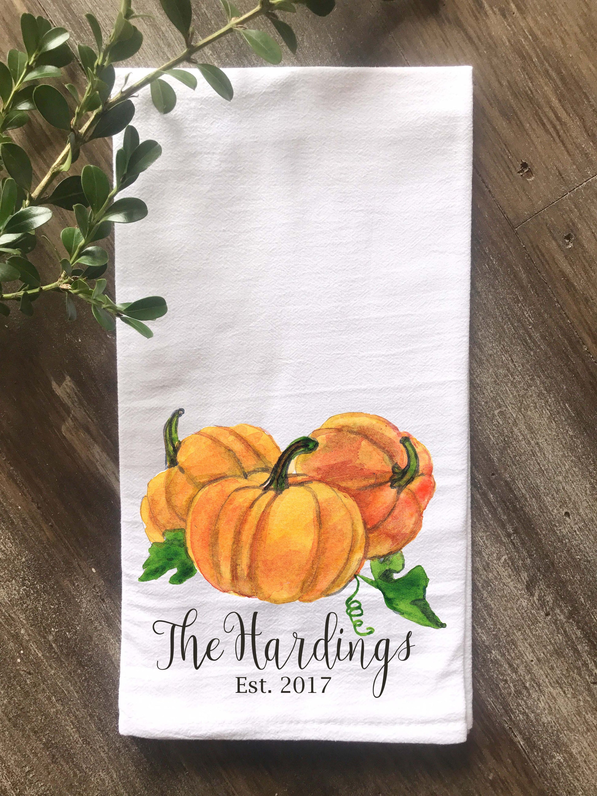 Personalized Fall Watercolor Pumpkin Flour Sack/Tea Towel - Returning Grace Designs