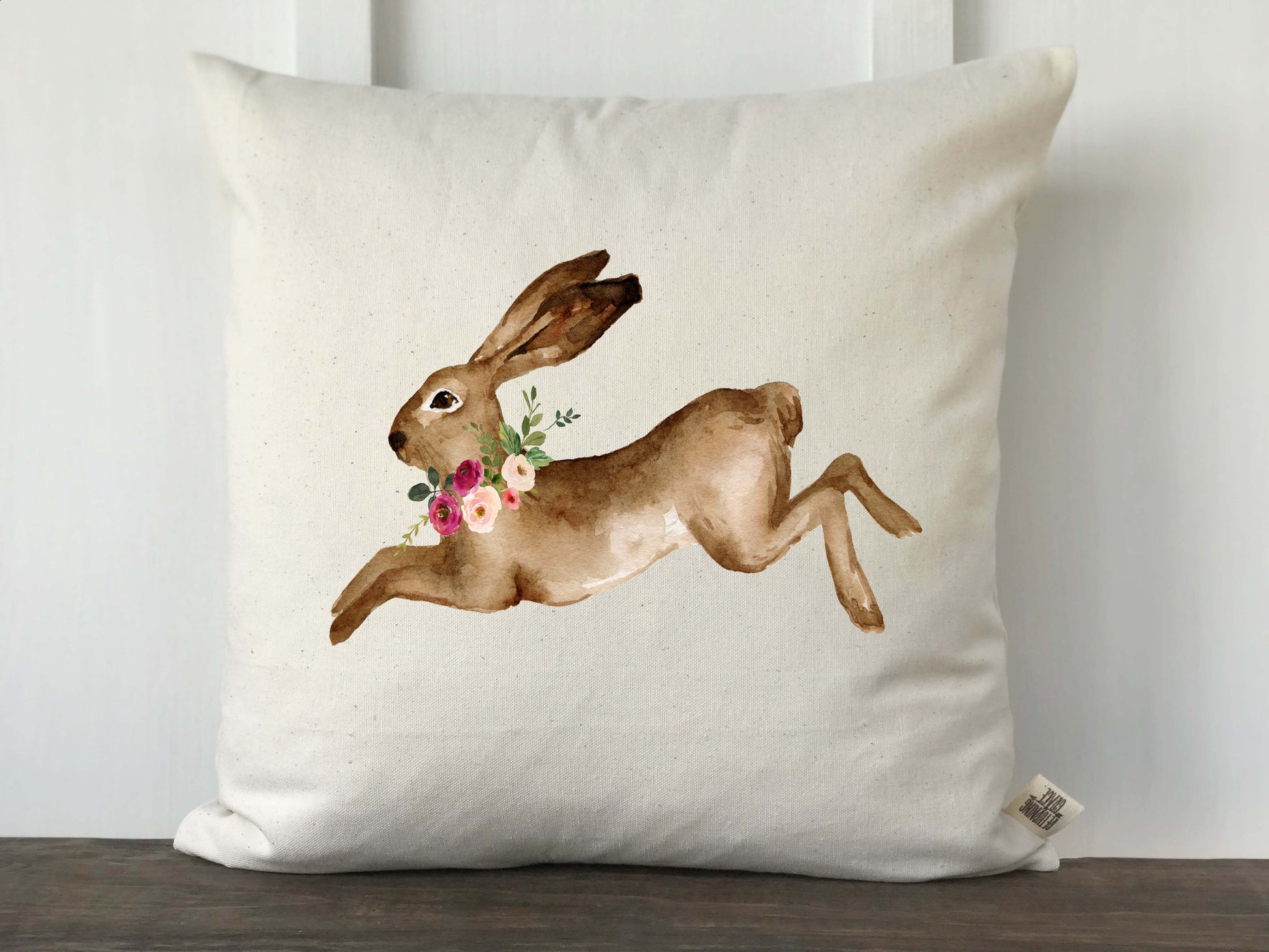 Watercolor Rabbit with Flowers Pillow Cover - Returning Grace Designs