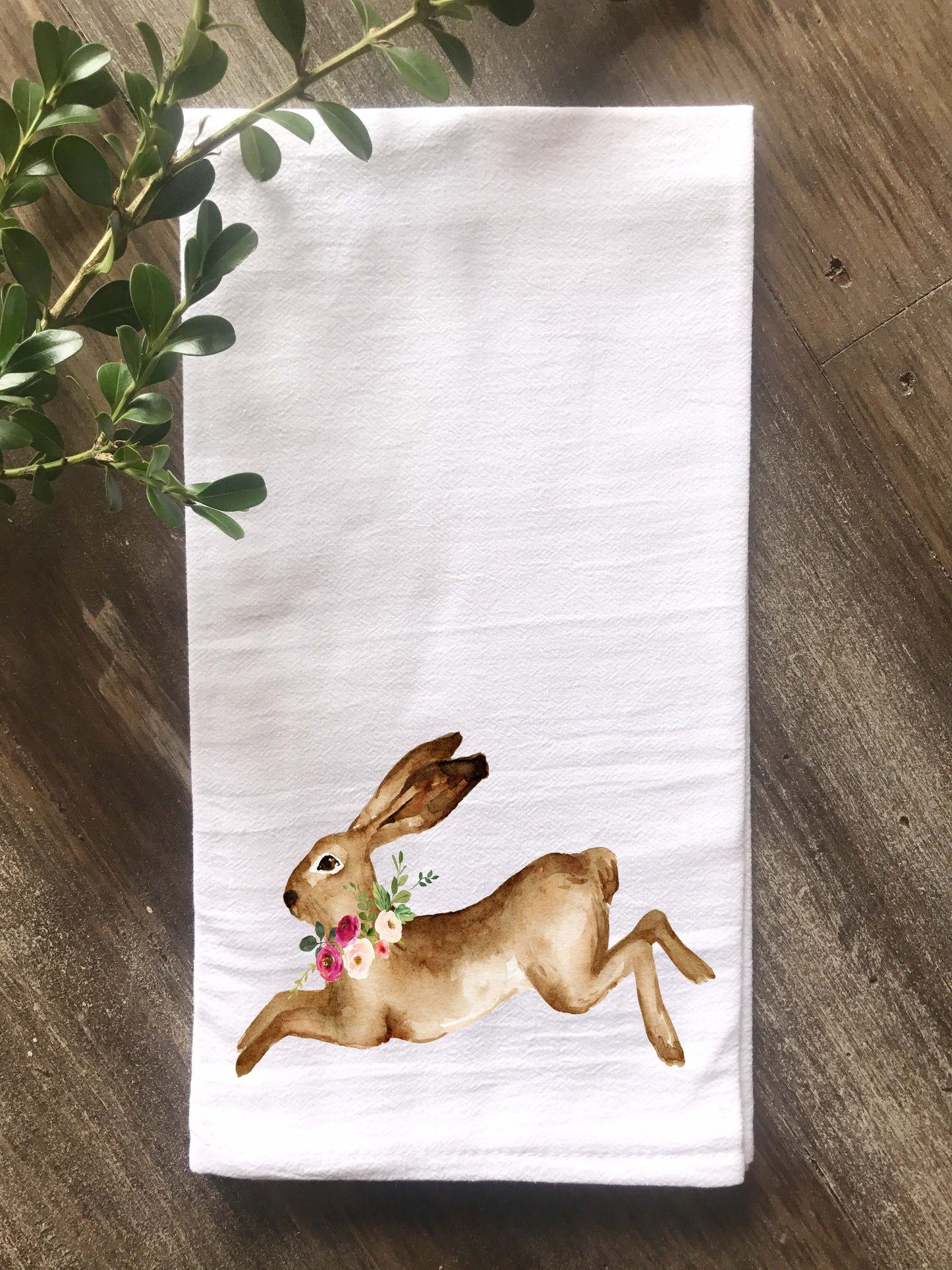 Watercolor Rabbit with Flowers Flour Sack Towel - Returning Grace Designs