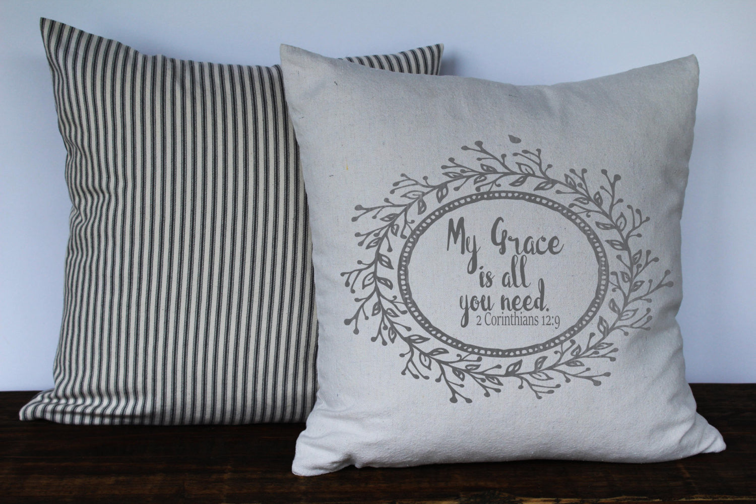My Grace is All You Need 2 Corinthians 12:9 in Gray Scripture Pillow - Returning Grace Designs
