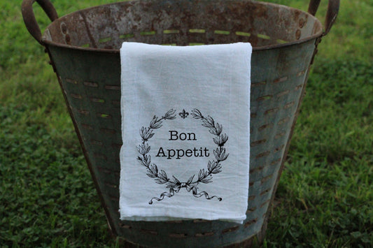 Bon Appetit Laurel Wreath with Fleur De Lis Flour Sack Towel/Kitchen Towel - Returning Grace Designs