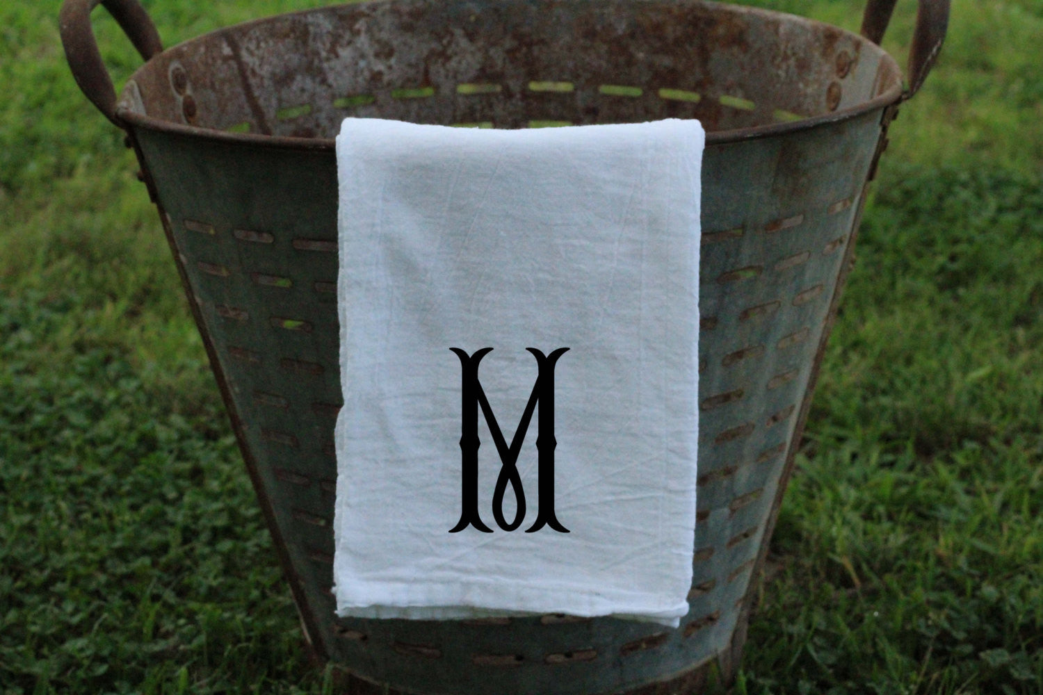 Single Letter Fishtail Font Monogrammed Flour Sack Towel - Returning Grace Designs