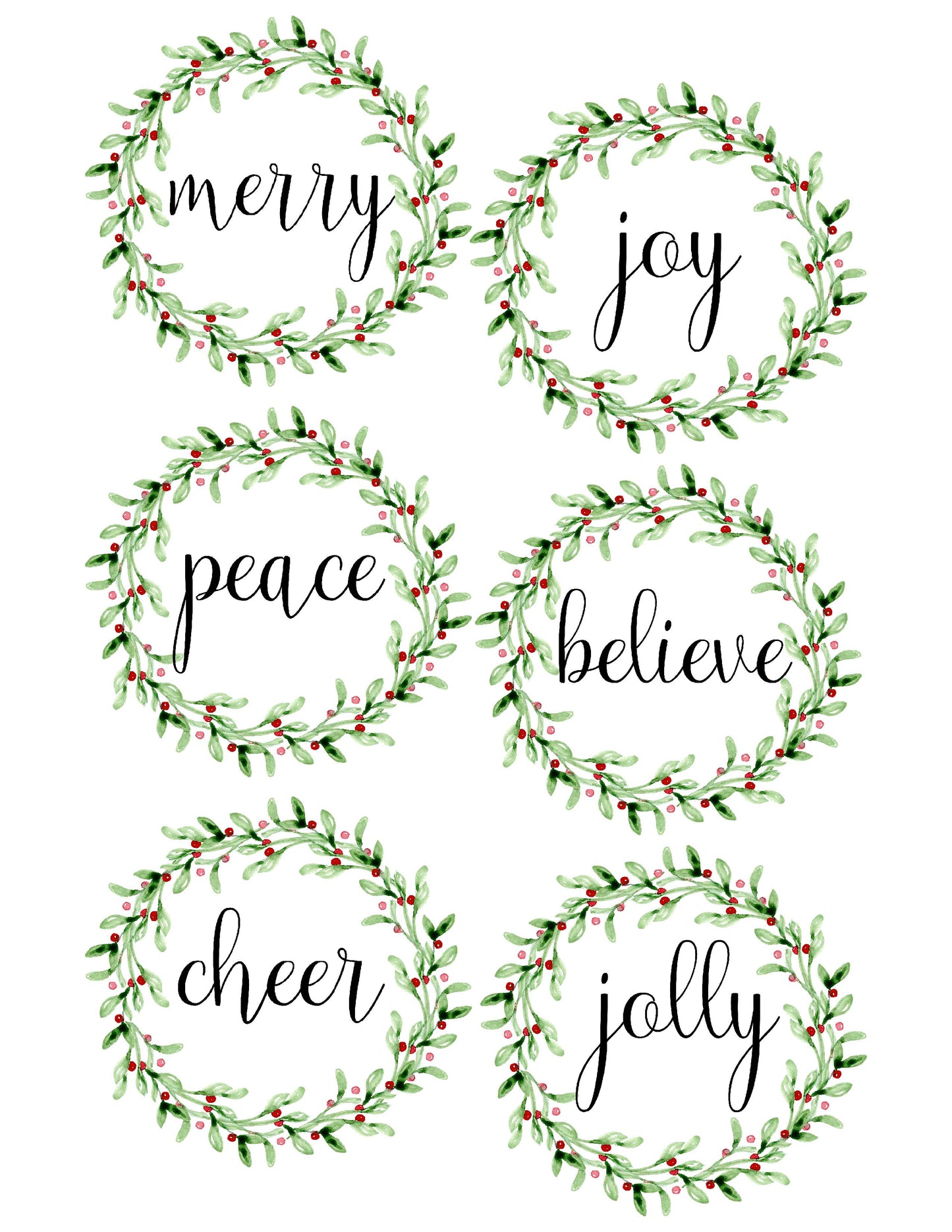 Watercolor Mistletoe Wreath with Holiday Wording Pillow Cover - Merry, Jolly, Joy, Peace, Noel, Believe, Cheer