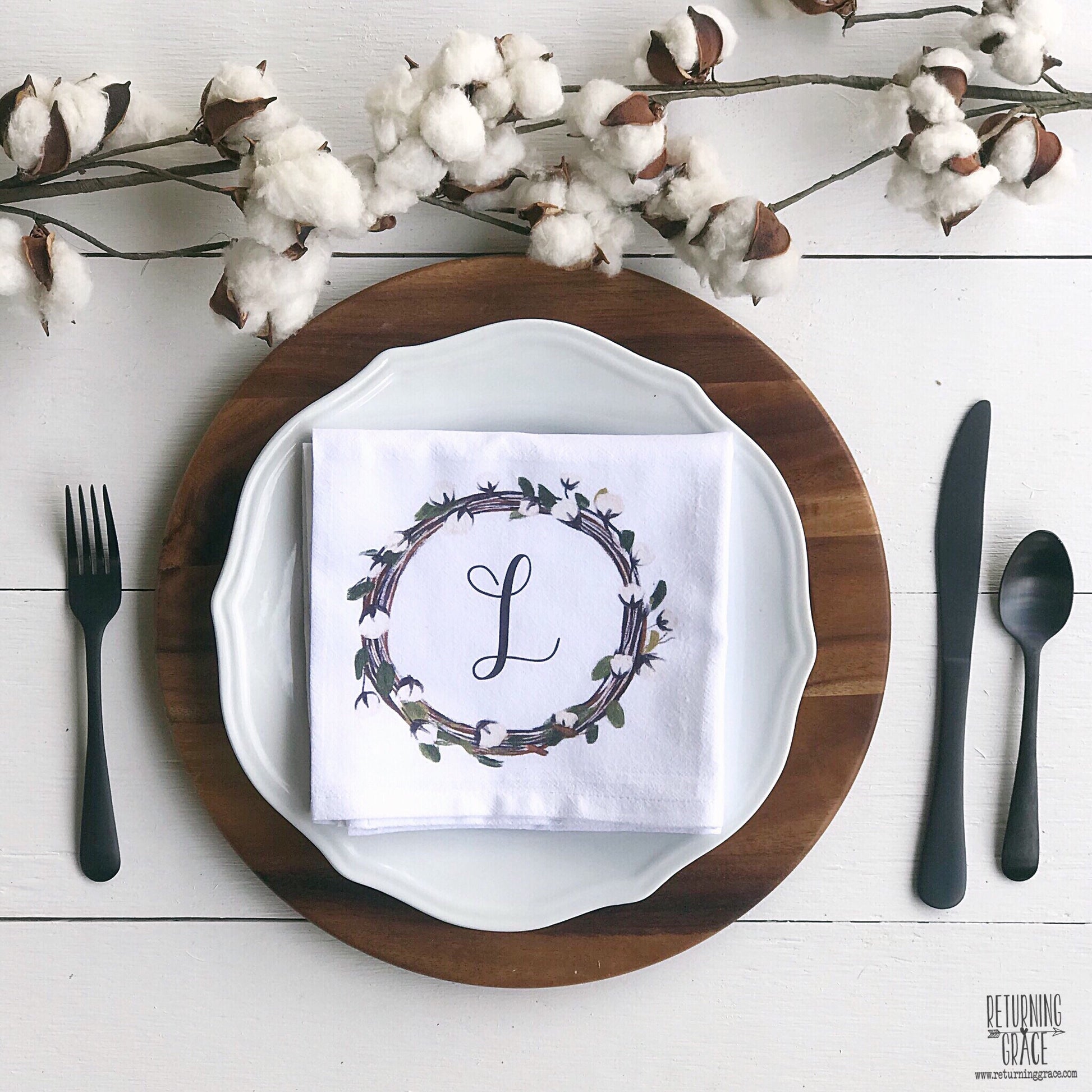Cotton Wreath Personalized Initial Tea Towel - Returning Grace Designs