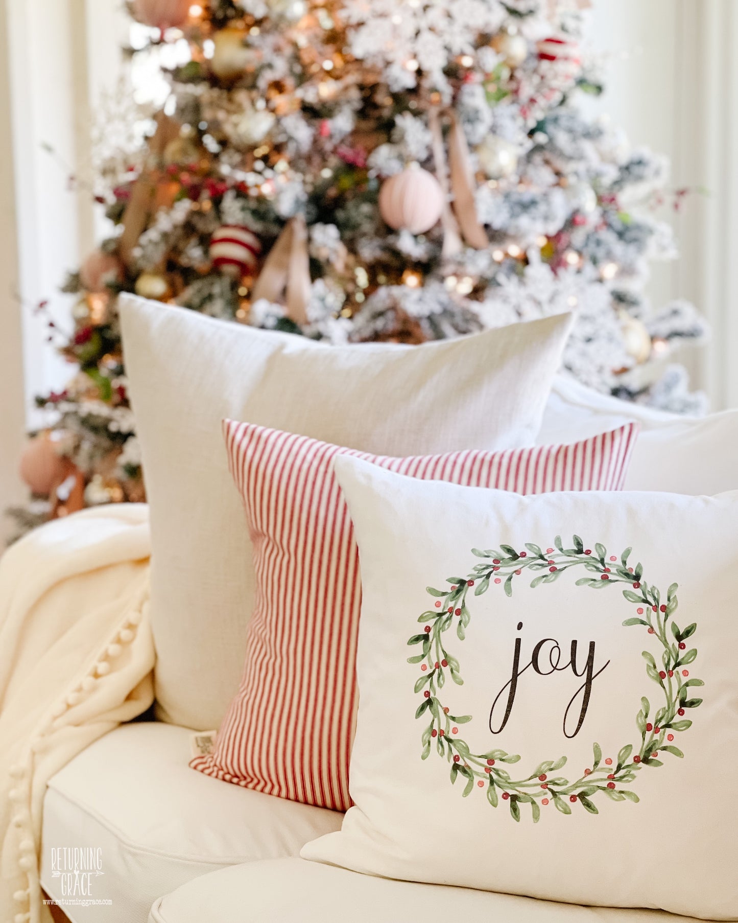Watercolor Mistletoe Wreath with Holiday Wording Pillow Cover - Merry, Jolly, Joy, Peace, Noel, Believe, Cheer